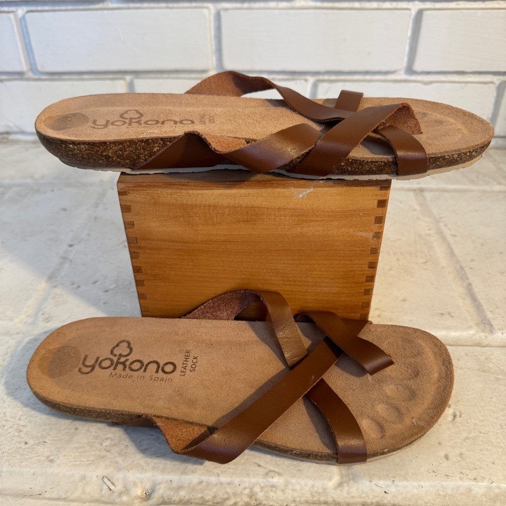 YOKONO Brown Leather Strappy Flip Flop sandals, like new, size 8 - Picture 7 of 10